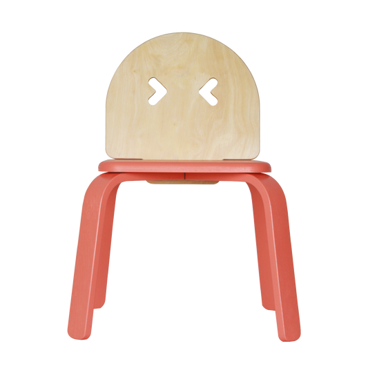 Children's chair with a stylized emotion confounded face on the backrest and a solid seat, in shades of orange and yellow.