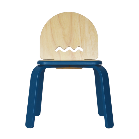 Children's chair with a stylized emotion face on the backrest and blue ribbon legs, primarily in blue and natural wood colors.