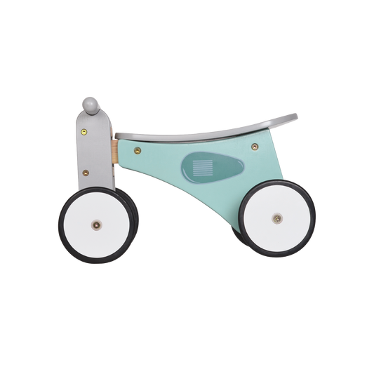 A blue and gray tricycle-style scooter with white wheels and a saddle.