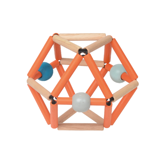 Lightweight wooden polyhedron baby toy made of orange dowels, natural wood joints, and blue-toned beads, designed for grasping, squeezing, and sensory play.