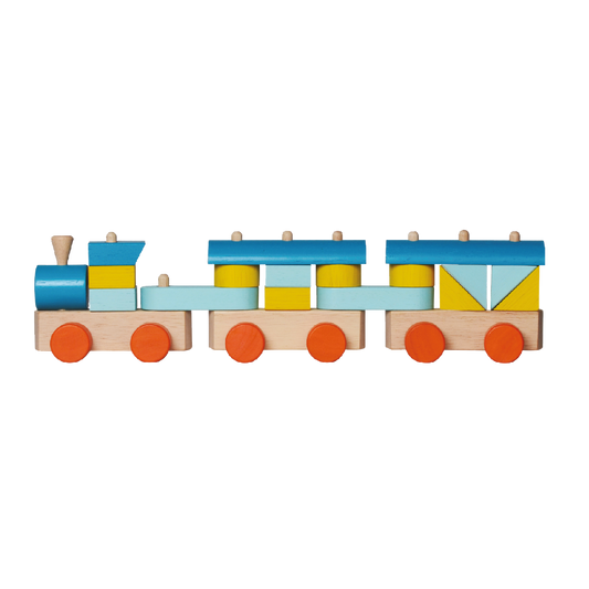 A set of colorful wooden blocks in various shapes and sizes that can be stacked and arranged on rods mounted on wheeled bases, allowing endless creative building and play.