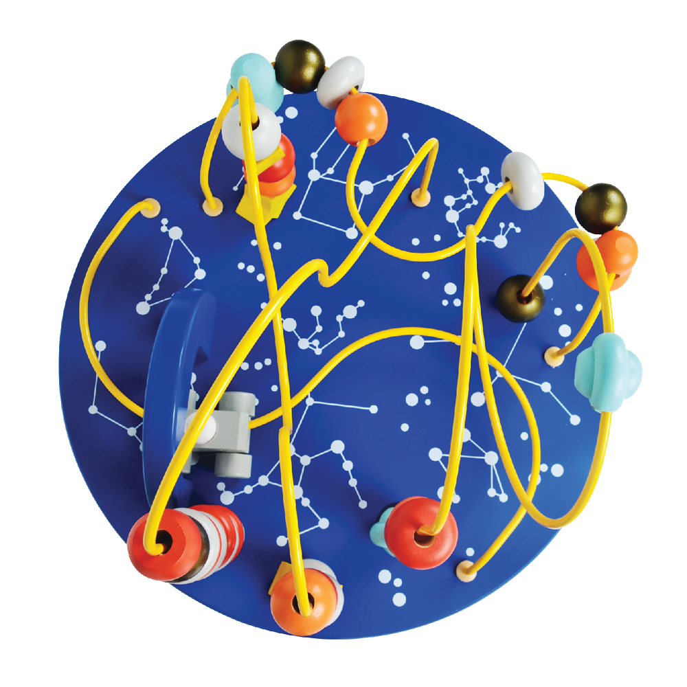 A colorful wooden maze toy with metal and plastic components, including a blue base and yellow and red paths.