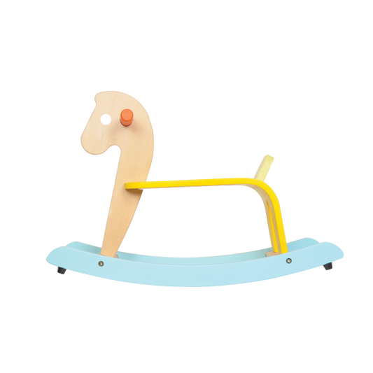 A durable rocking horse with a wooden body, green backrest, and yellow handles designed for toddlers.