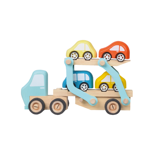 A toy car carrier truck with a folding trailer that converts into a ramp for cars to drive to the top level. Includes four small cars for imaginative play and motor skill development.