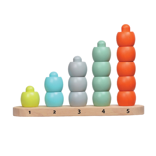 A set of colorful counting rods in ascending sizes, each rod displaying a number from 1 to 5, mounted on a wooden board.