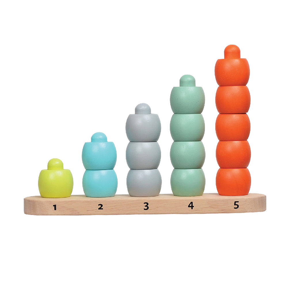 A set of colorful counting rods in ascending order with numbers 1 to 5 marked beneath each rod.