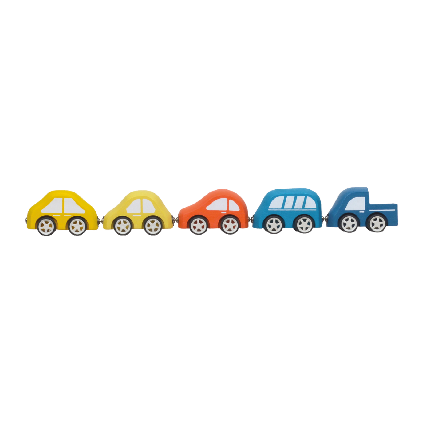 Set of 5 colorful toy cars with steel shafts and rubber wheels for smooth running. Each car connects magnetically at front and rear, promoting motor skills, creativity, and imaginative play.