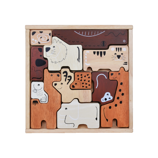 A wooden animal-shaped puzzle tray with various animal designs on a light background, and a brown border.
