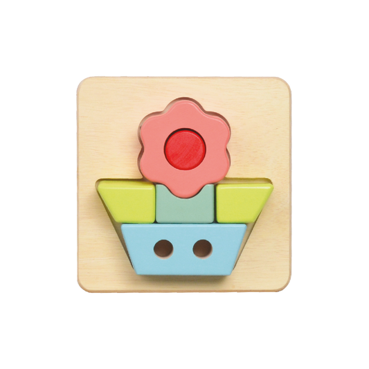 A colorful wooden flower tray puzzle with a red and blue flower-shaped piece and a green and blue boat-shaped piece.