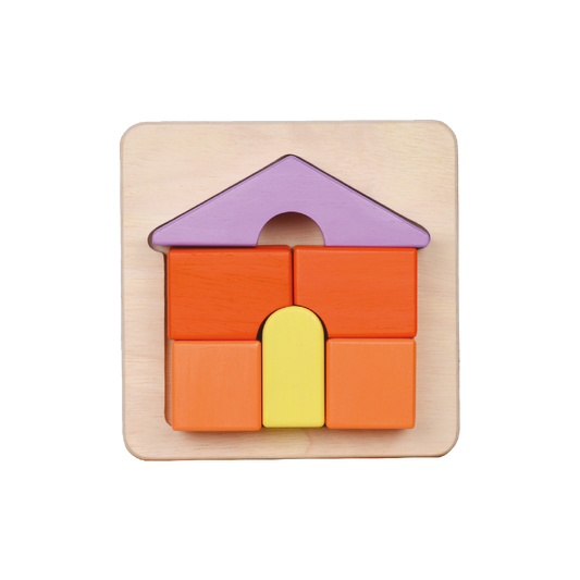 A wooden house tray puzzle with large block pieces in orange, purple, and yellow, designed for young children.