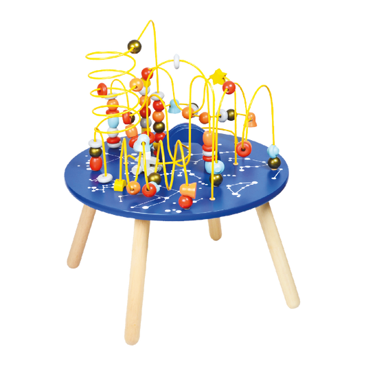 A colorful Constellation Maze toy with a blue tabletop and yellow path-finding towers, placed on a wooden tripod stand.