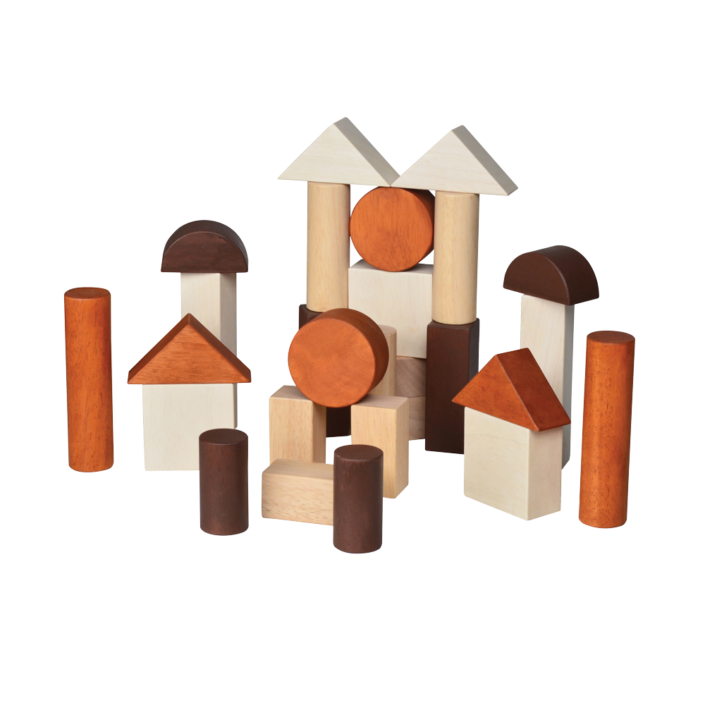 A wooden block tower with various shaped blocks including cubes and cylinders, stacked to form a structure.