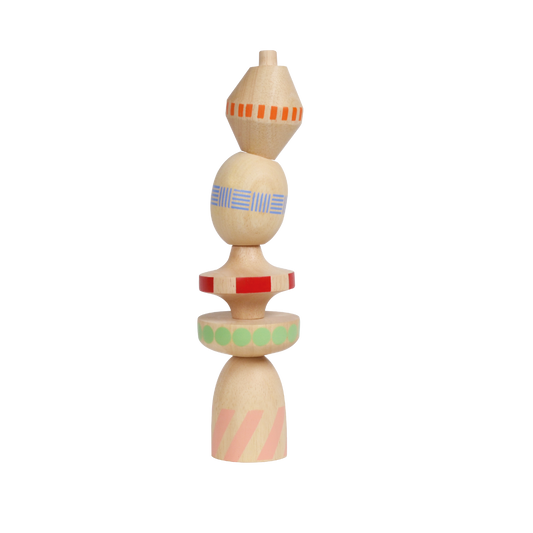 A colorful wooden stacking toy with five revolved blocks of different sizes and weights, arranged in a stack.