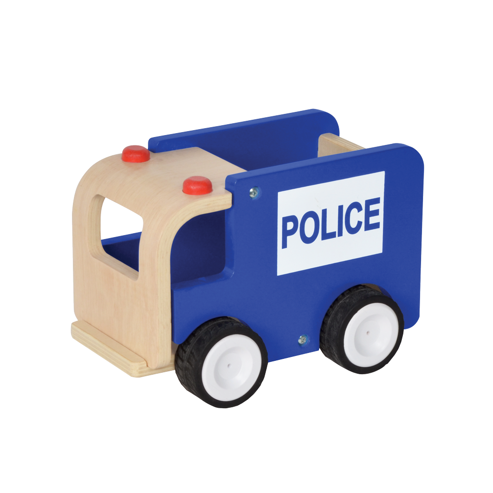 A wooden toy police car with blue body, white wheels, and a wooden handle.