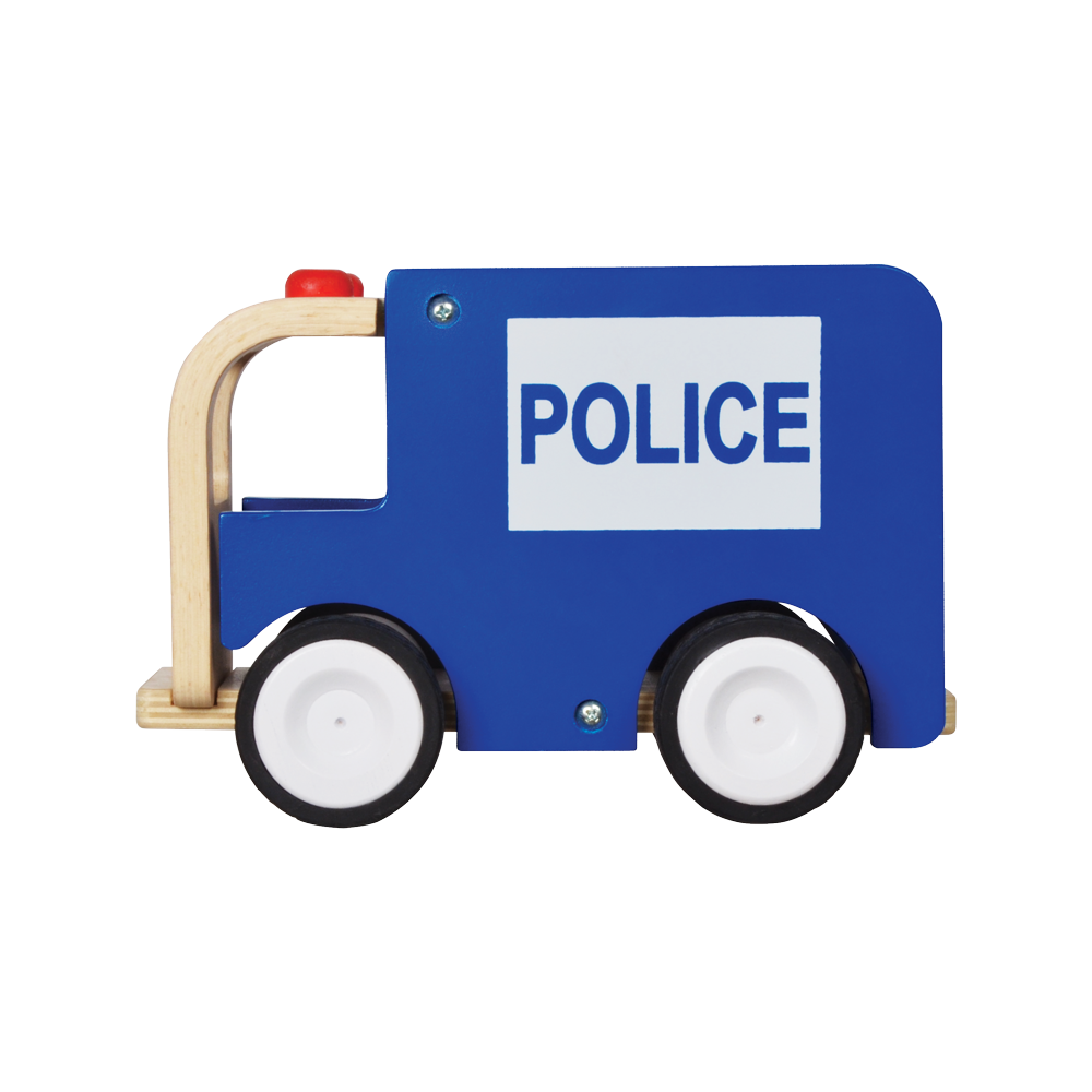 A wooden toy police car with blue body, white wheels, and a wooden handle.