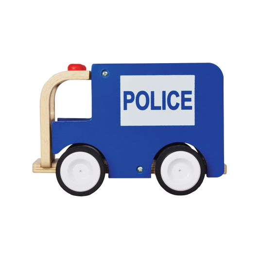 A wooden toy police car with blue body, white wheels, and a wooden handle.