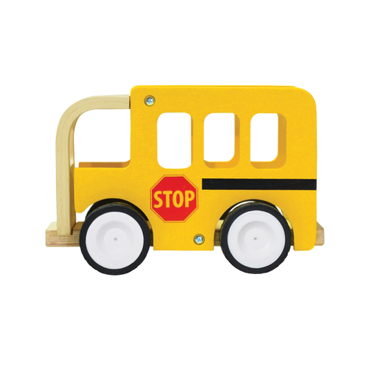Wooden push-along school bus with smooth rubber tires and sturdy screw-secured structure.