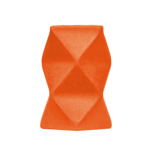 An orange kaleidoscope toy with a geometric, faceted design.