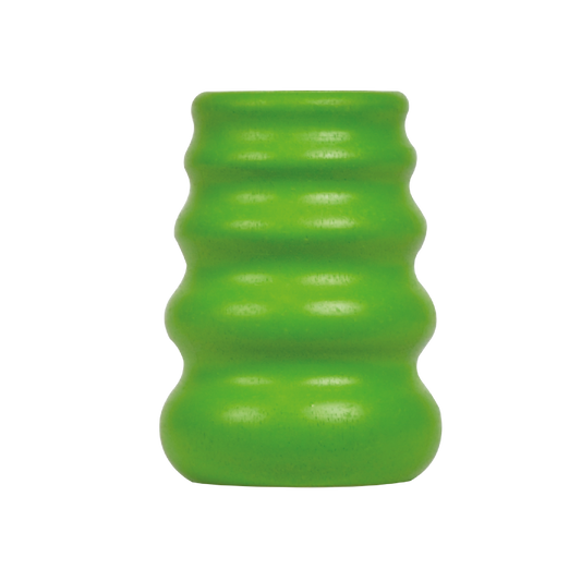 A green kaleidoscope toy with an irregular organic form designed to create patterns when twisted.