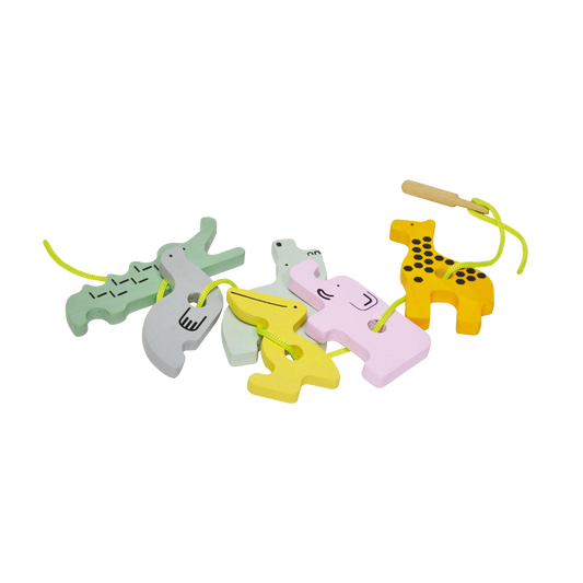 A set of six colorful animal-shaped lacing figures with wooden ends, designed for developing fine motor skills and hand-eye coordination.