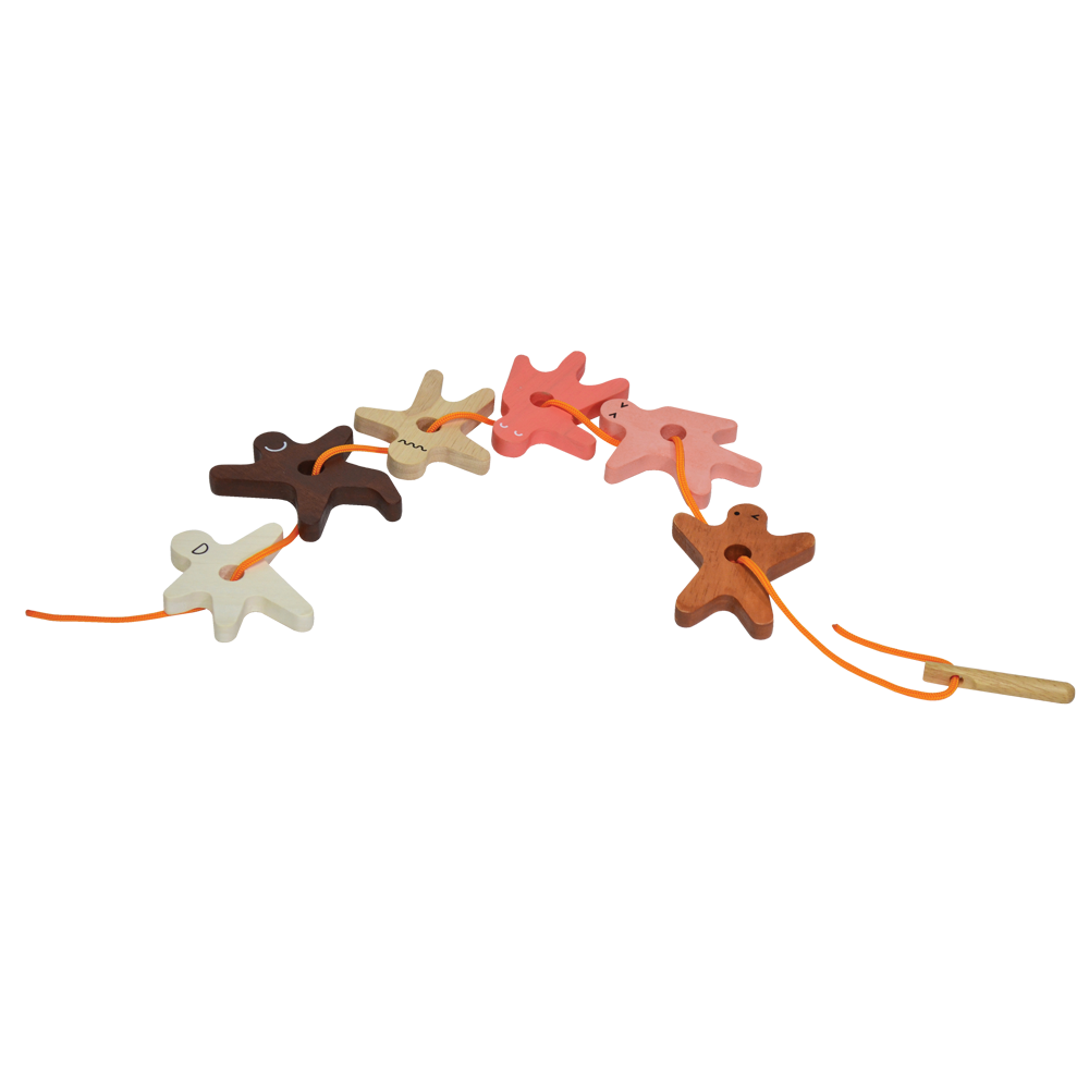 A set of six multicolored plastic lacing figures with wooden ends, arranged on a white background with a yellow string.