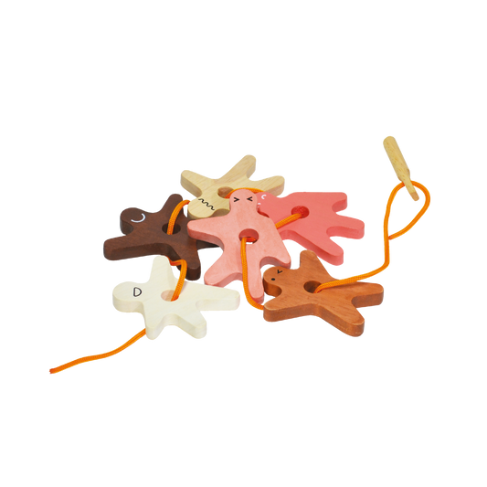 A set of six multicolored plastic lacing figures with wooden ends, arranged on a white background with a yellow string.
