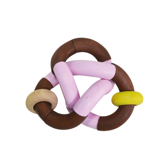 A colorful bendy rattle toy with brown, purple and yellow parts connected by knots.