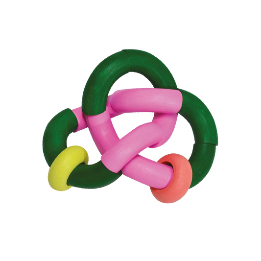 A colorful bendy rattle toy with green, pink, and yellow parts connected by knots.