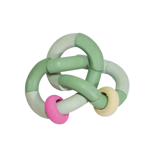 A colorful bendy rattle toy with mint green and pink parts connected by knots.