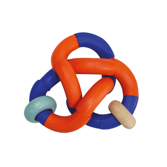 A colorful bendy rattle toy with orange, blue, and green parts connected by knots.
