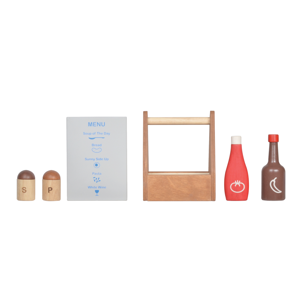 A pretend play restaurant set with wooden table, plastic food items, and wooden utensils.