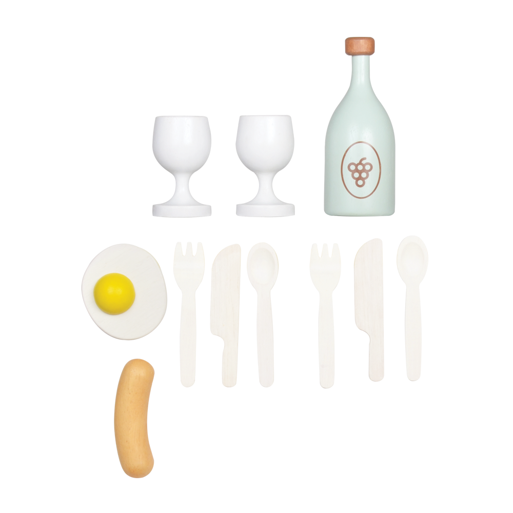 A pretend play restaurant set with wooden table, plastic food items, and wooden utensils.