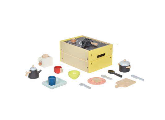 A children's toy kitchen set with a yellow base and various pretend cookware items, designed for dramatic play.