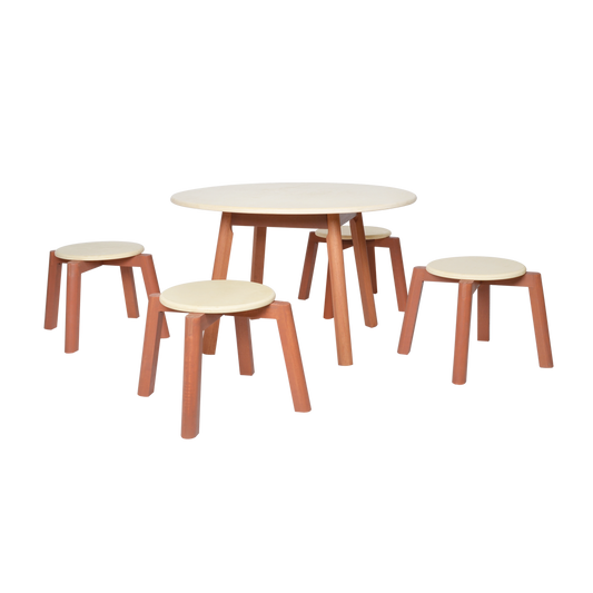 A set of wooden furniture consisting of a circular play table and four stools. The furniture is crafted from solid wood with a natural finish.