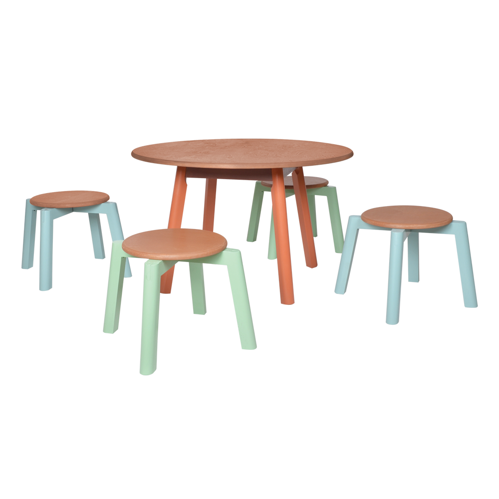 COLORED SOLID PLAY TABLE AND STOOLS