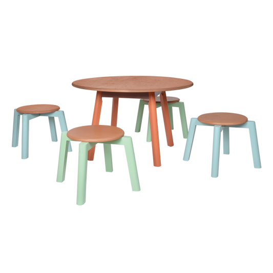 A set of children's furniture including a circular wooden table and four stools with colorful seats.