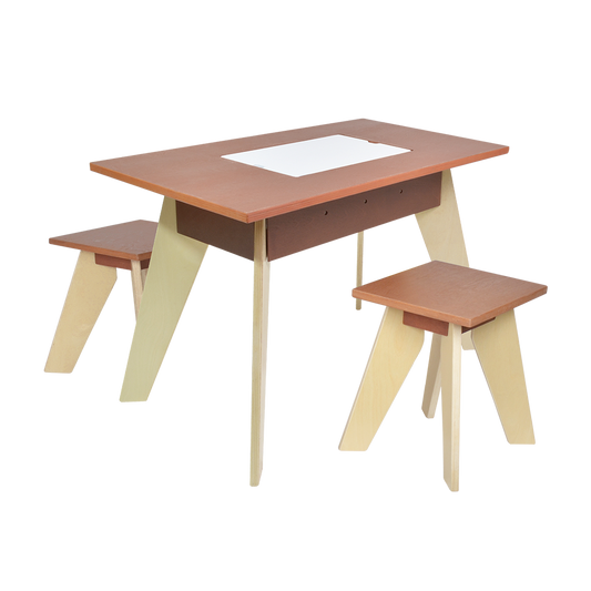 A natural plywood play table with a rectangular top and a pair of matching stools with a visible brown finish on the tabletop and beige legs.