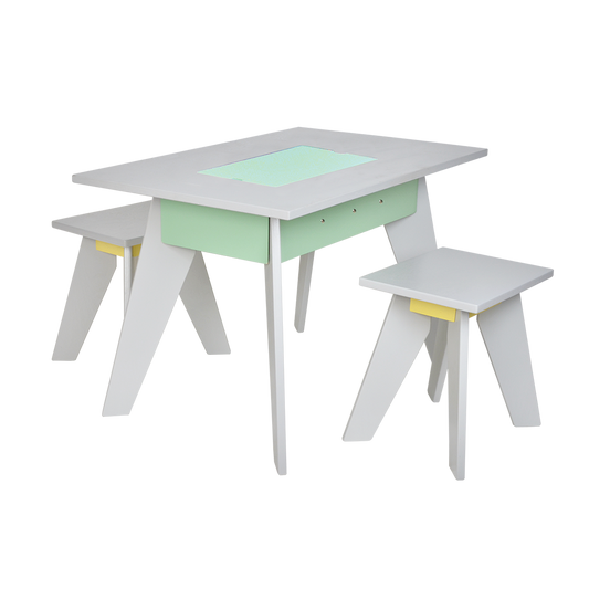 A white plywood play table with two matching stools, designed for children.
