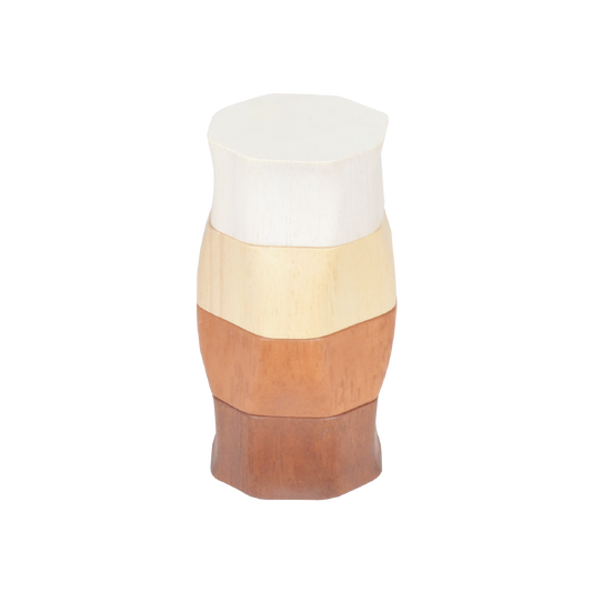 A wooden stacking toy consisting of a conical column with natural wood color bands and a white stacking ring on top.