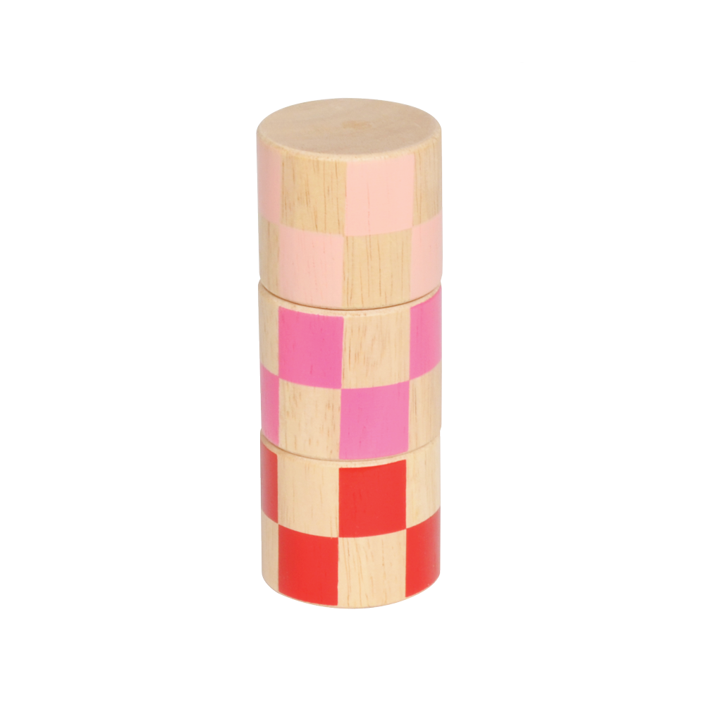 A wooden toy with a series of checkered layers in pink and yellow, designed for young children.