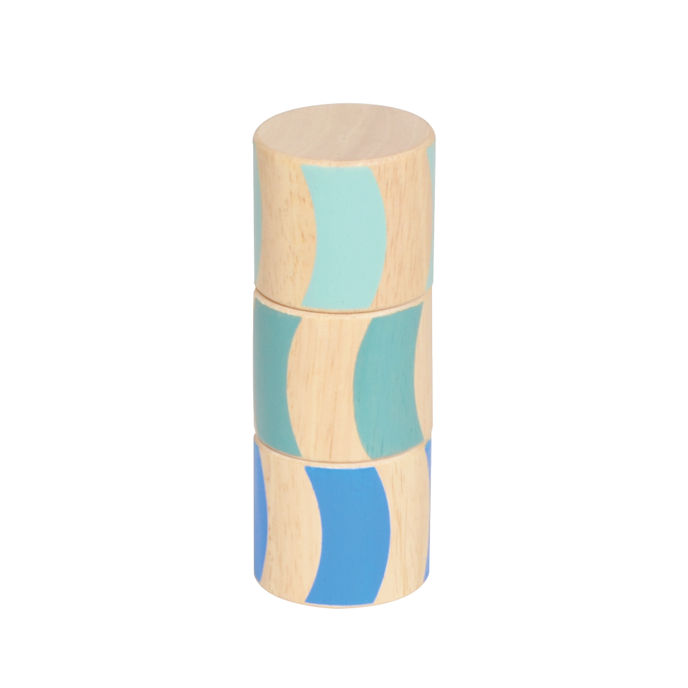 A wooden puzzle toy with geometric shapes in blue and natural wood colors.