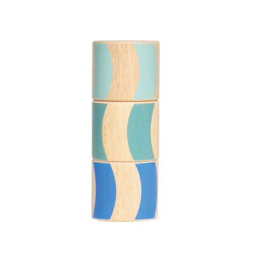 A wooden puzzle toy with geometric shapes in blue and natural wood colors.