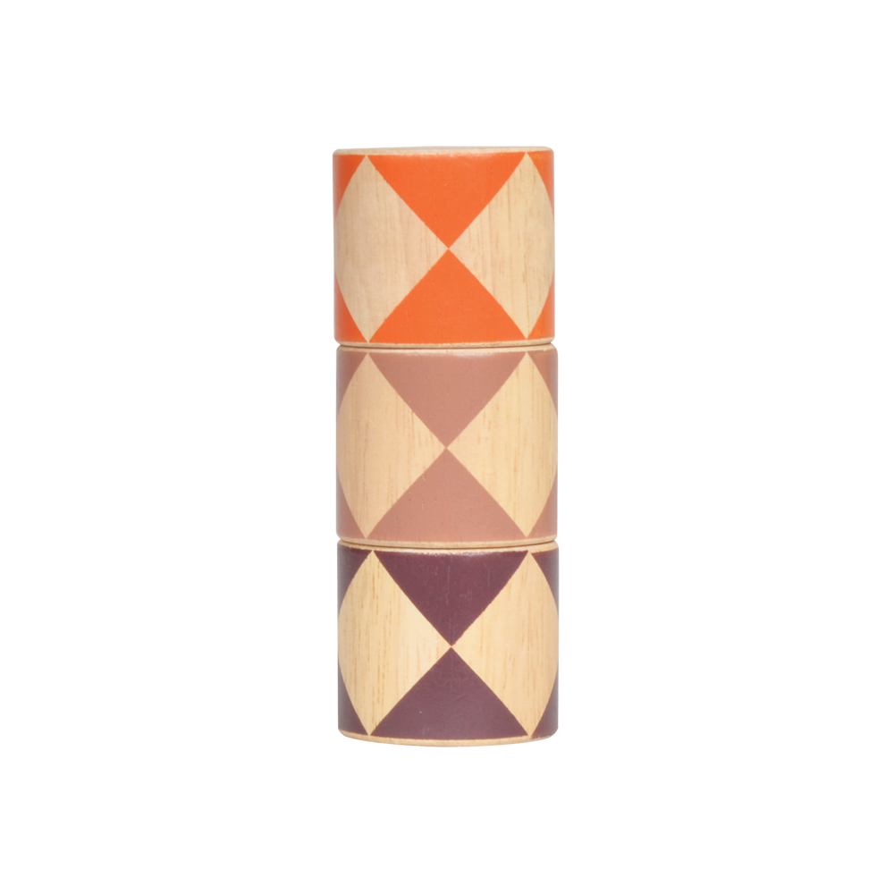 A wooden stacking toy with geometric shapes in orange, beige, and purple colors.