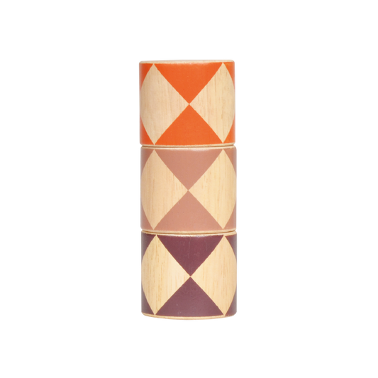 A wooden stacking toy with geometric shapes in orange, beige, and purple colors.