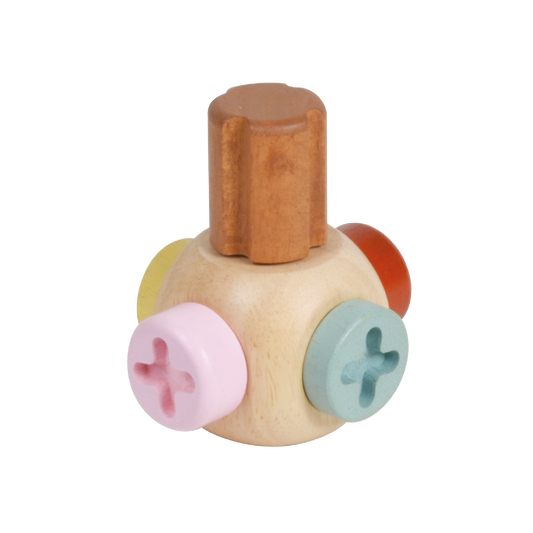 A colorful wooden screw toy with a beige base and multiple colored screw heads.