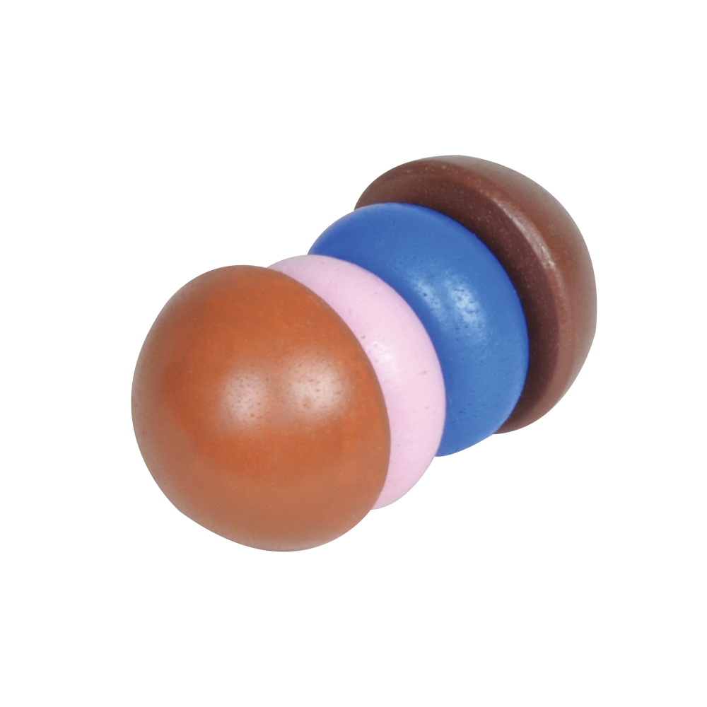 A stack of round rattle caps in brown, blue, and pink colors, designed for infants.