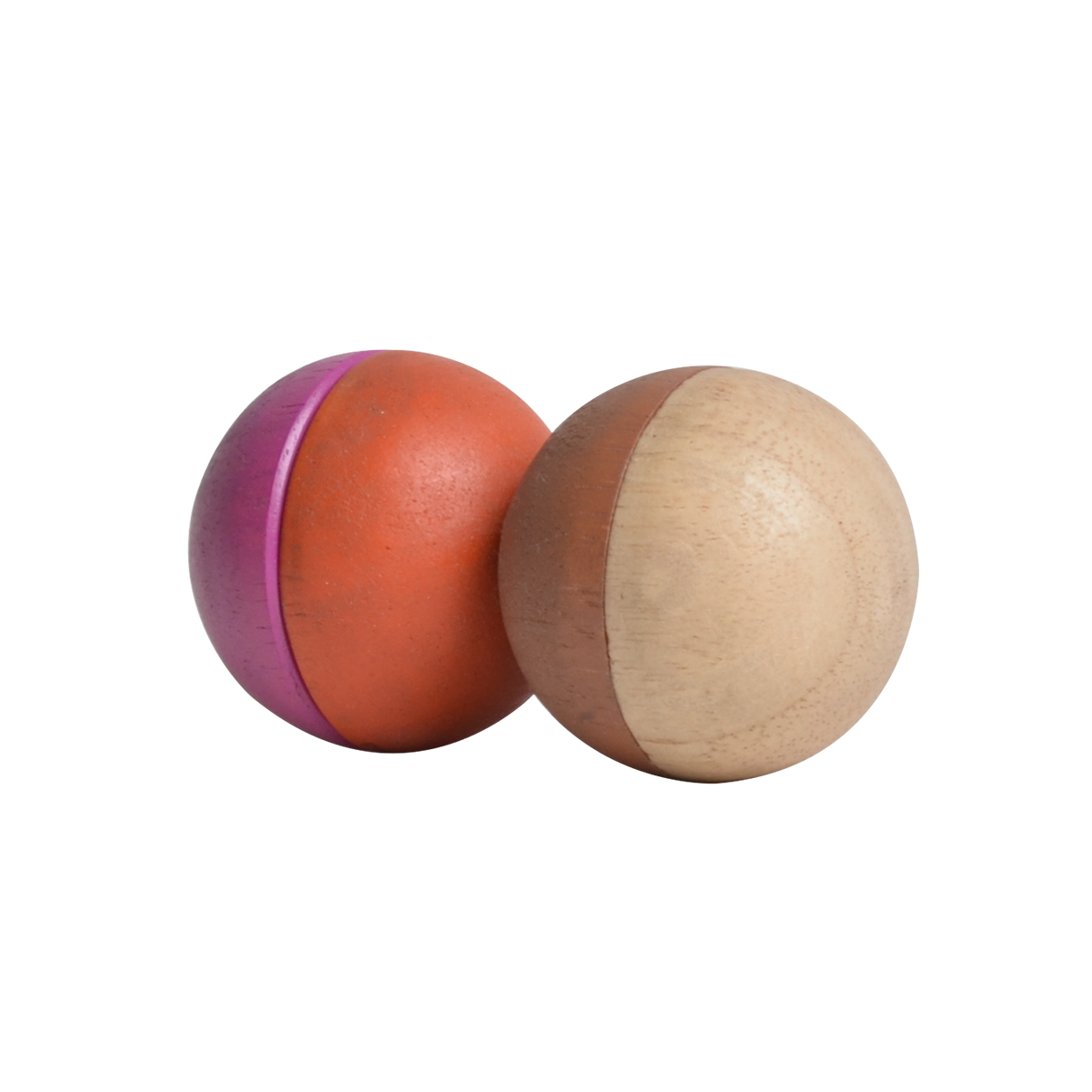 Two spherical rattle toys with a combination of natural wood and pink colors, designed for infants.