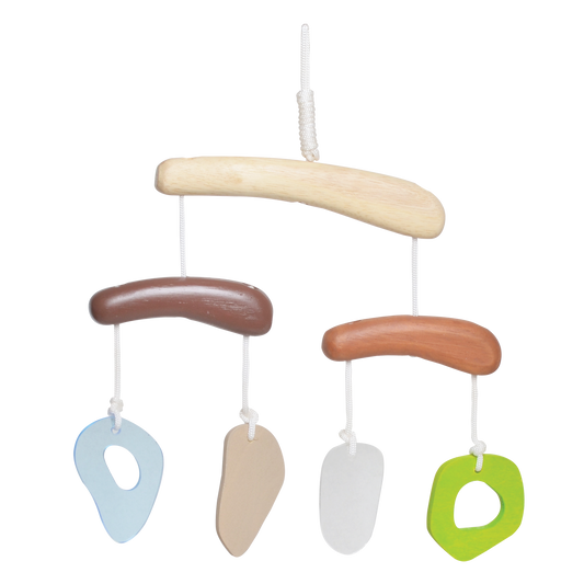 A colorful baby mobile with wooden sticks and various shapes in different colors.