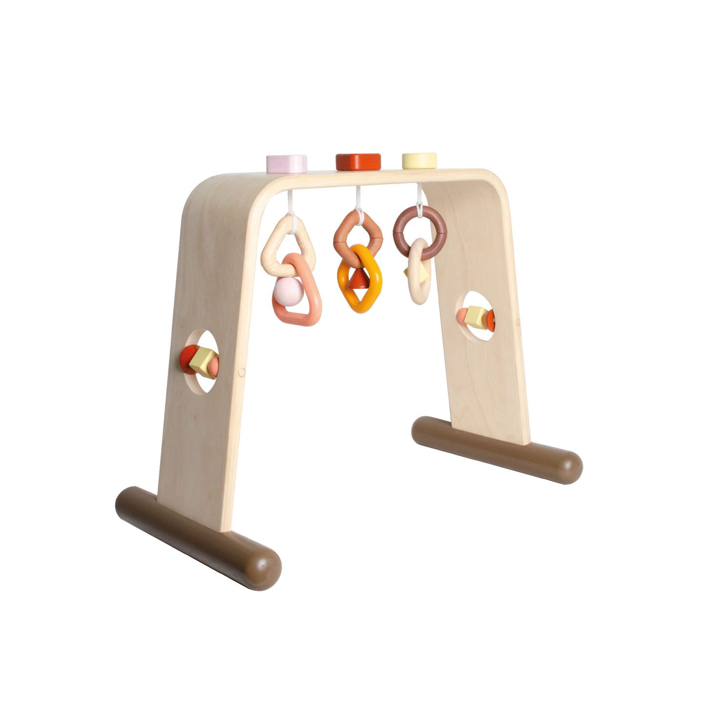 A colorful baby gym with geometric shaped hanging toys, designed for visual and tactile stimulation.