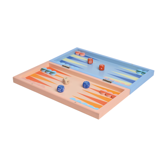 A Backgammon game set with dice and game pieces on a beige board with blue and orange highlights.